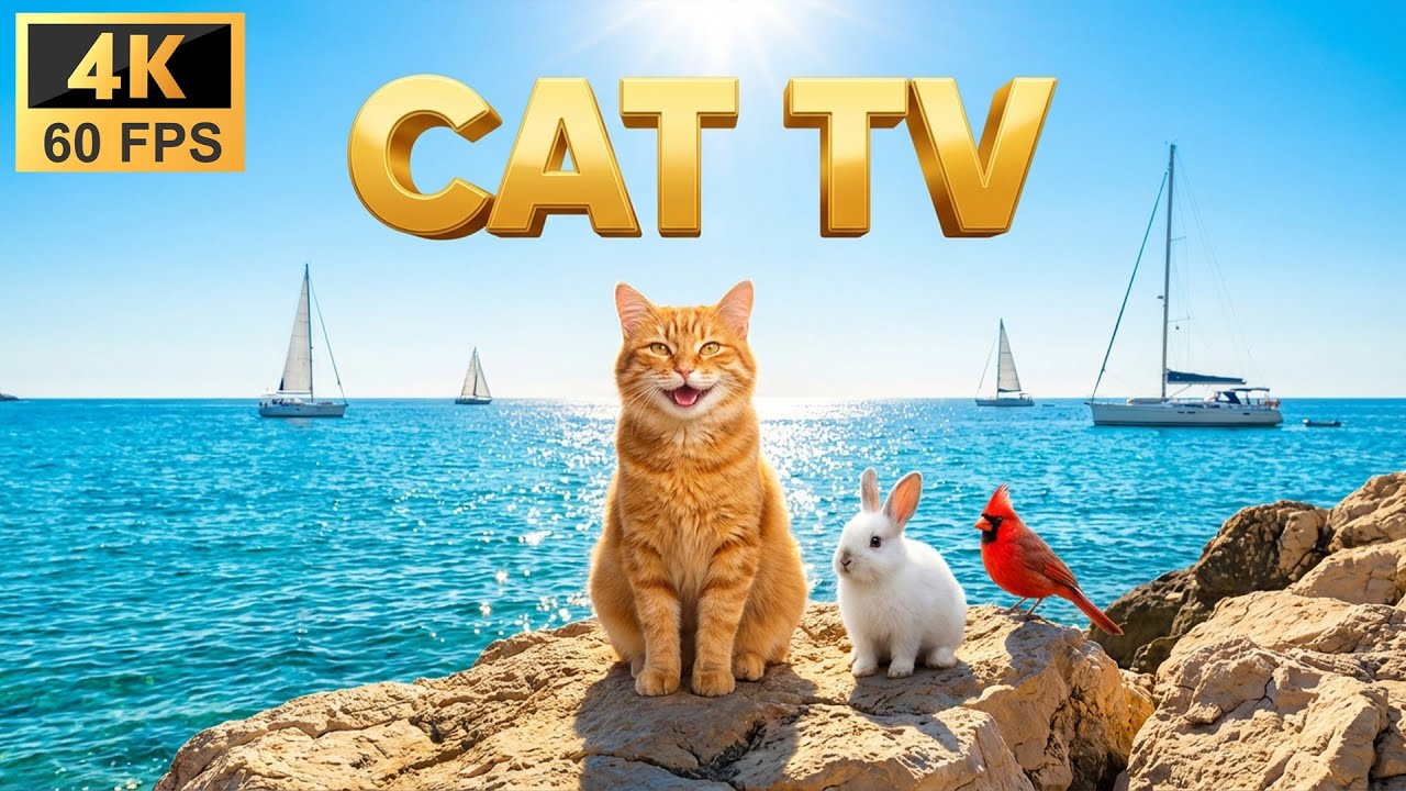 Cat TV 8 Hours - Mediterranean Sea: White Bunny, Red Bird & Yachts