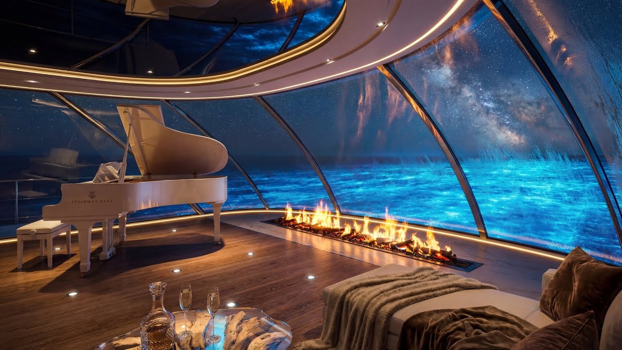 Midnight Superyacht Escape 🌌 Soothing Piano Music & Warm Fireplace for Deep Relaxation [4K]