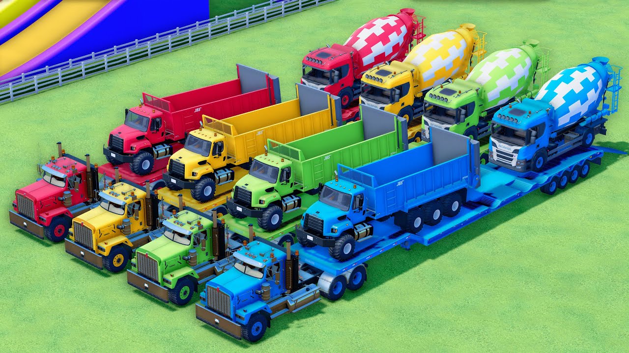 TRANSPORTING ALL COLOR MIXER TRUCK WITH DOUBLE FLATBED TRAILER TRUCK, SCANIA, FREIGHTLINER - FS22