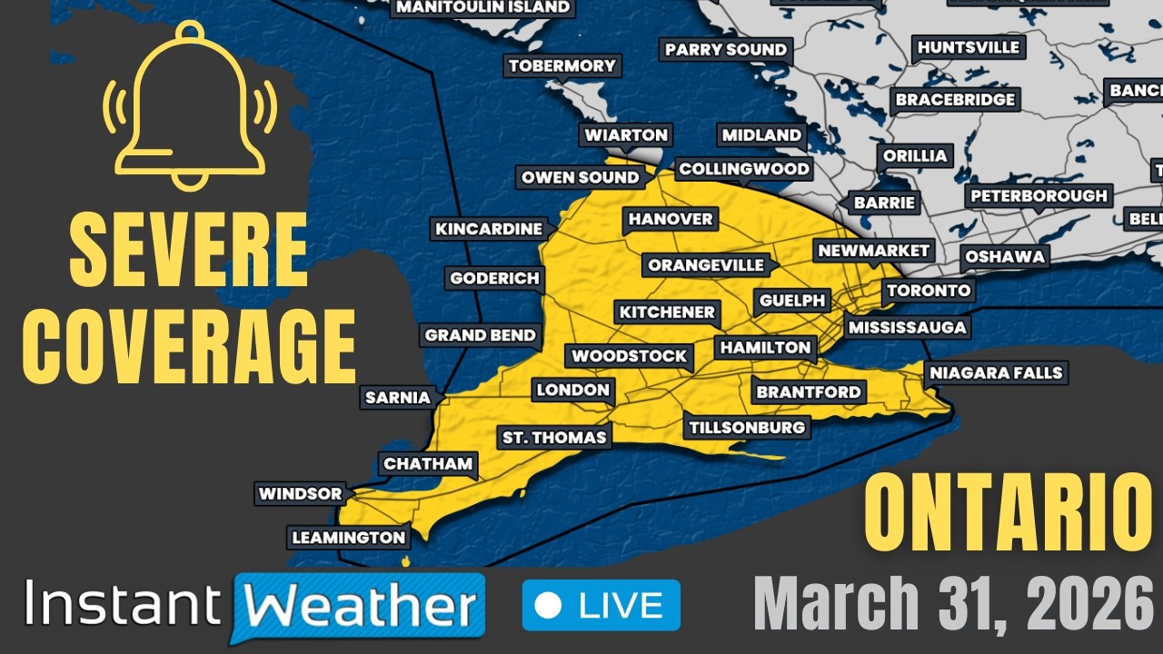 Tue, Mar. 31, 2026 | Ontario -  Severe Weather Coverage: Hail, Wind & Tornado Risk