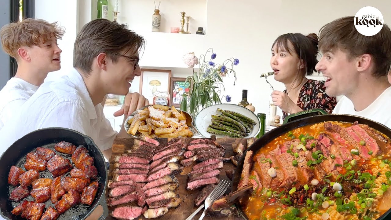 Кормим Армана и Макса обедом и ужином дома (стейк рамэн с ти-бон, барбекю Джоша)