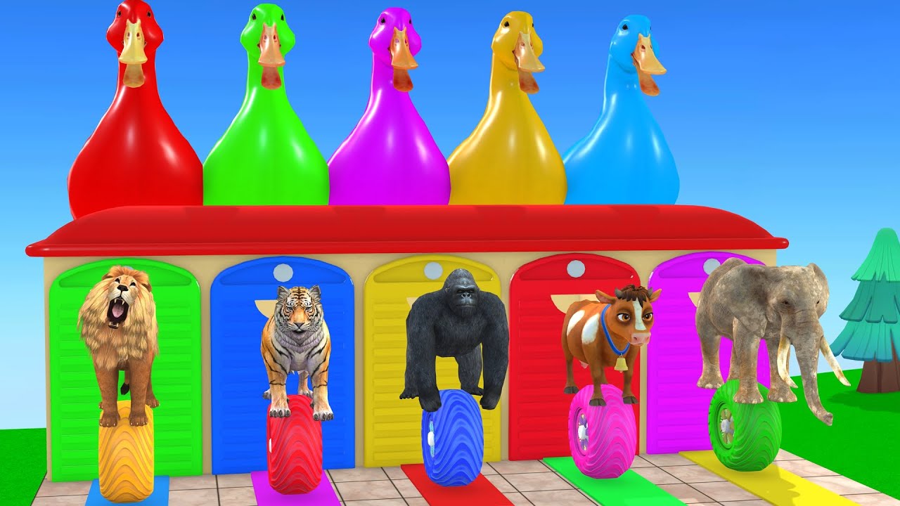 Long Slide Game With Cow Elephant Gorilla Hippopotamus Tiger 3d Animal Game Funny 3d AnimalsVideo