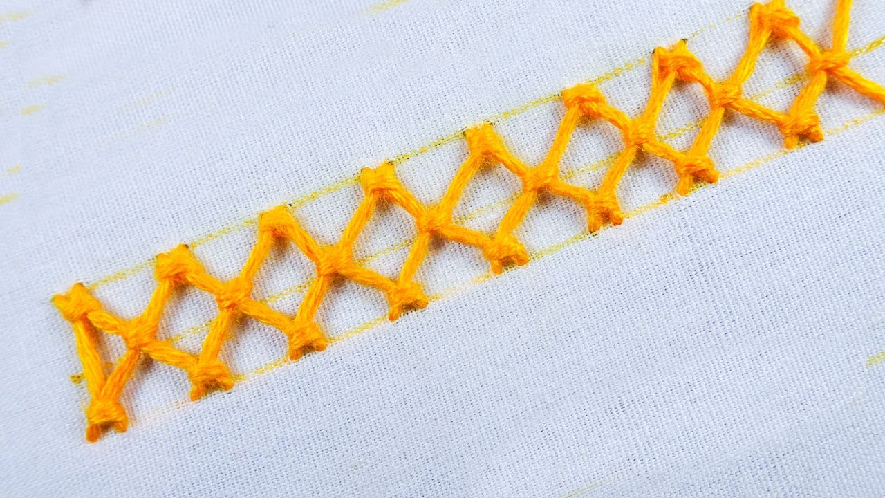 basic hand embroidery tutorial, knotted diamond stitch, knot stitch family