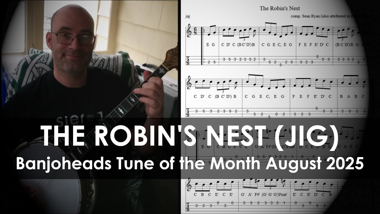 Robin's Nest (Jig by Sean Ryan) on Irish tenor banjo, slower then faster, with notes and tab