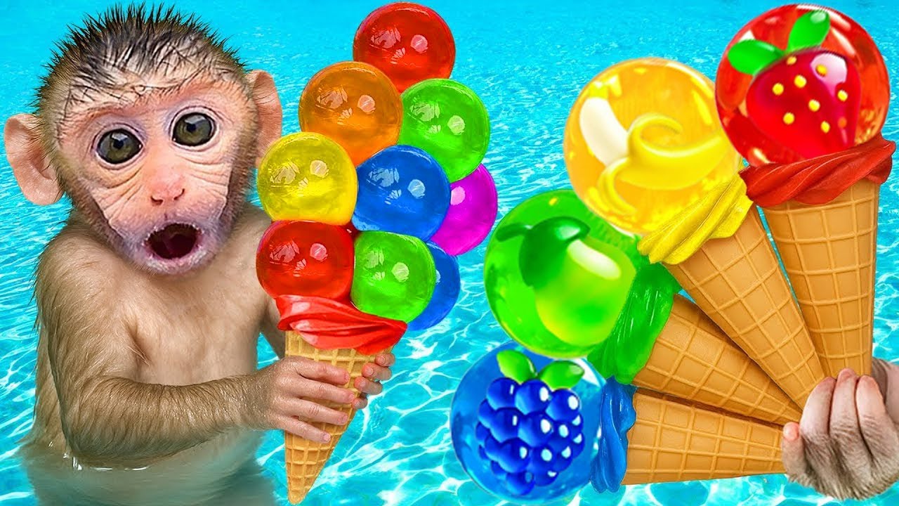 Baby Monkey Bon Bon Monkey Surprised Meet an Alien UFO and Swims with Little Ducks