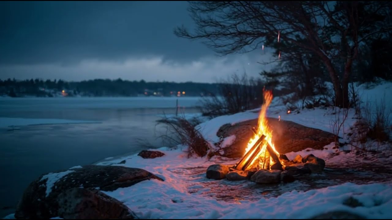 ❄️ Snow Campfire 🔥Ambience with river crackling fire #campfire #burningfireplace #camping #snowing