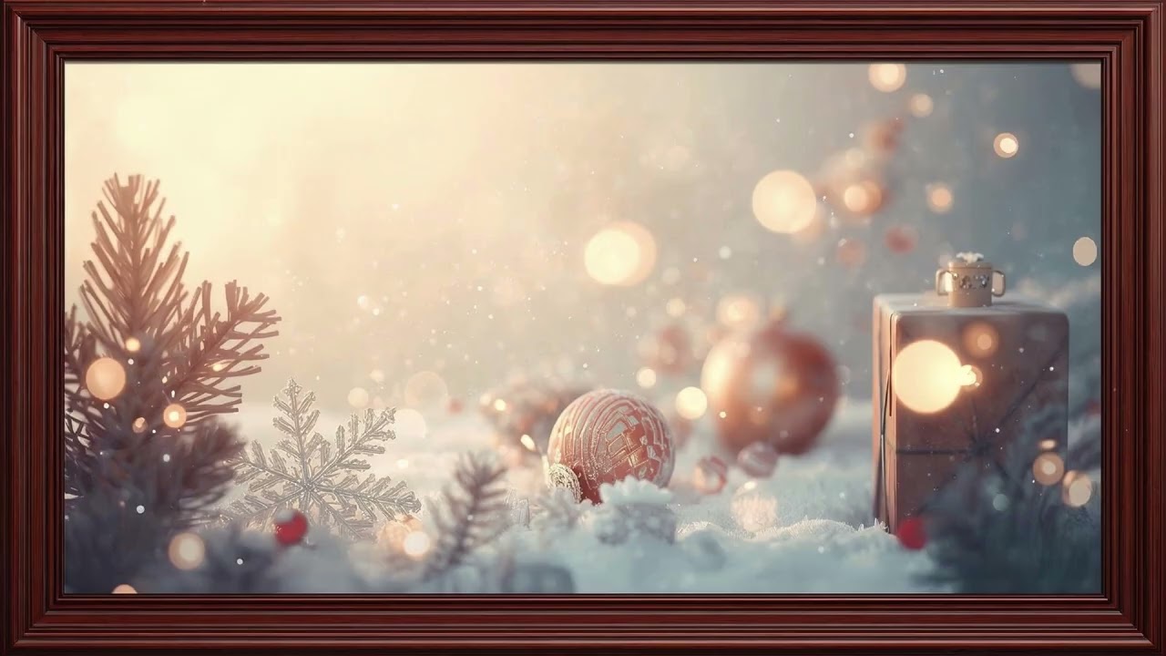 Soft Winter Jazz Frameart – Snowy Christmas Still Life with Warm Holiday Glow