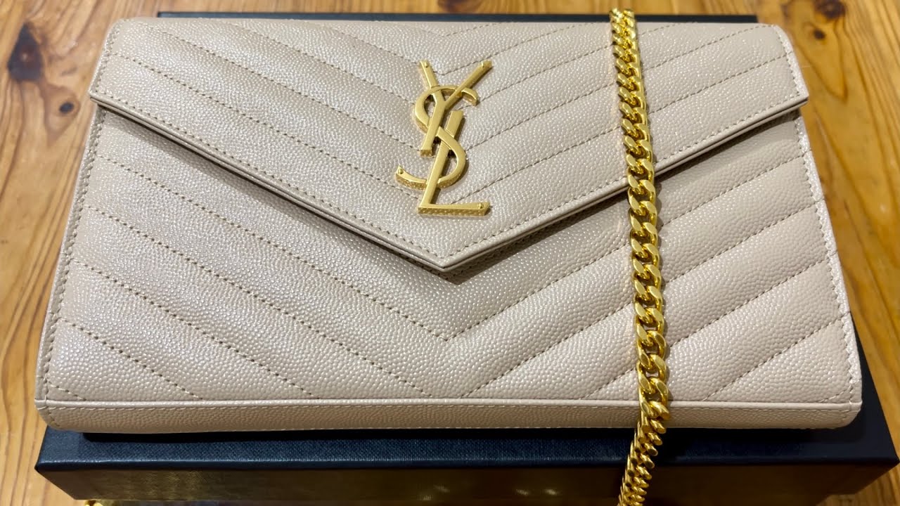 YSL Classic CASSANDRE Chain Wallet in Grain de POUDRE Leather 2024 - Dark Beige Unboxing