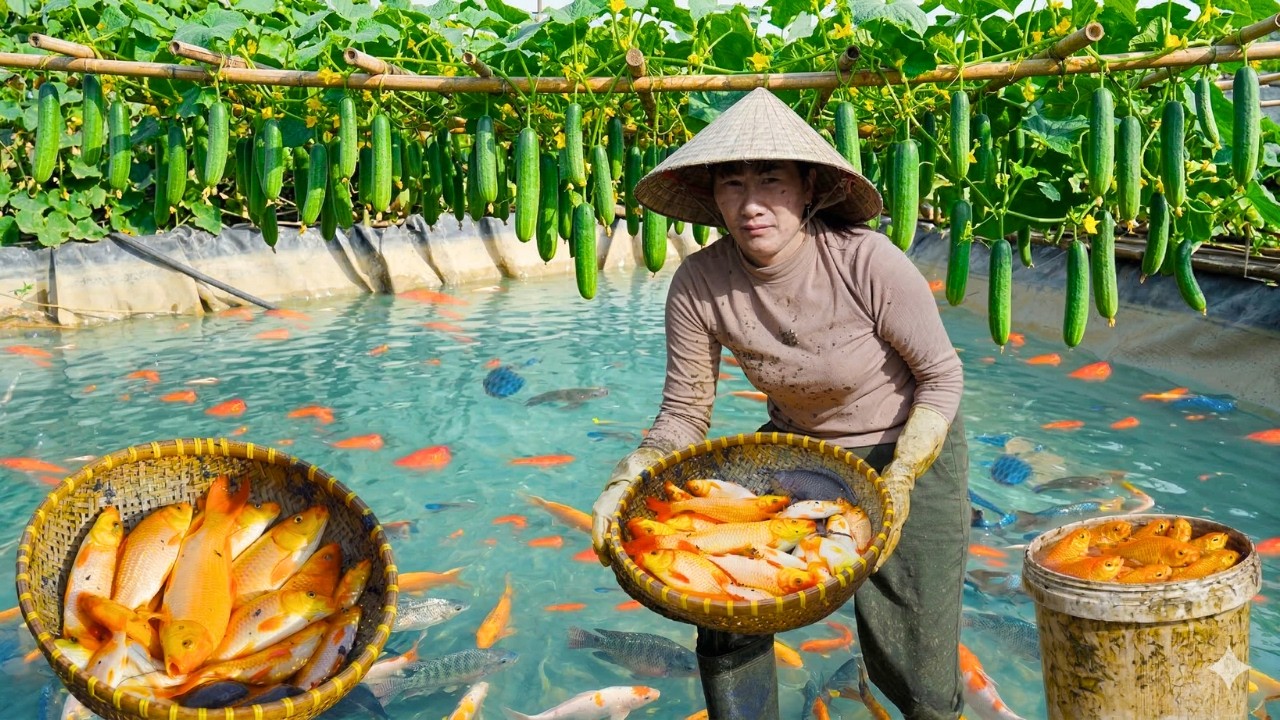 Village Life: Cleaning Fish Pond, Catching Fish, Harvesting Cucumbers and Cooking