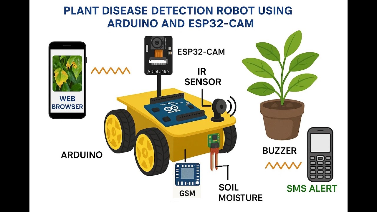 HVS-3299. Plant Disease Detection Robot using ARDUINO and ESP32CAM #irsensor #esp32cam #SMS alerts.
