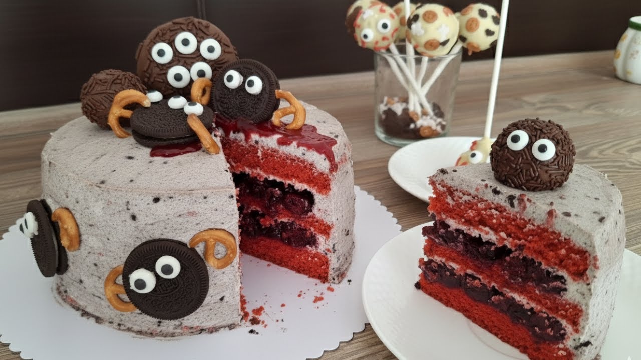 TORT HALLOWEEN 🎃 z galaretką porzeczkową i kremem Oreo – efektowny przepis krok po kroku