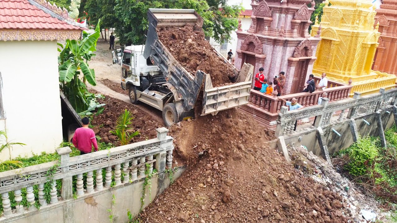 Wow! Good project with great skill bulldozer drive pushing in fast speed filling land at the pagoda