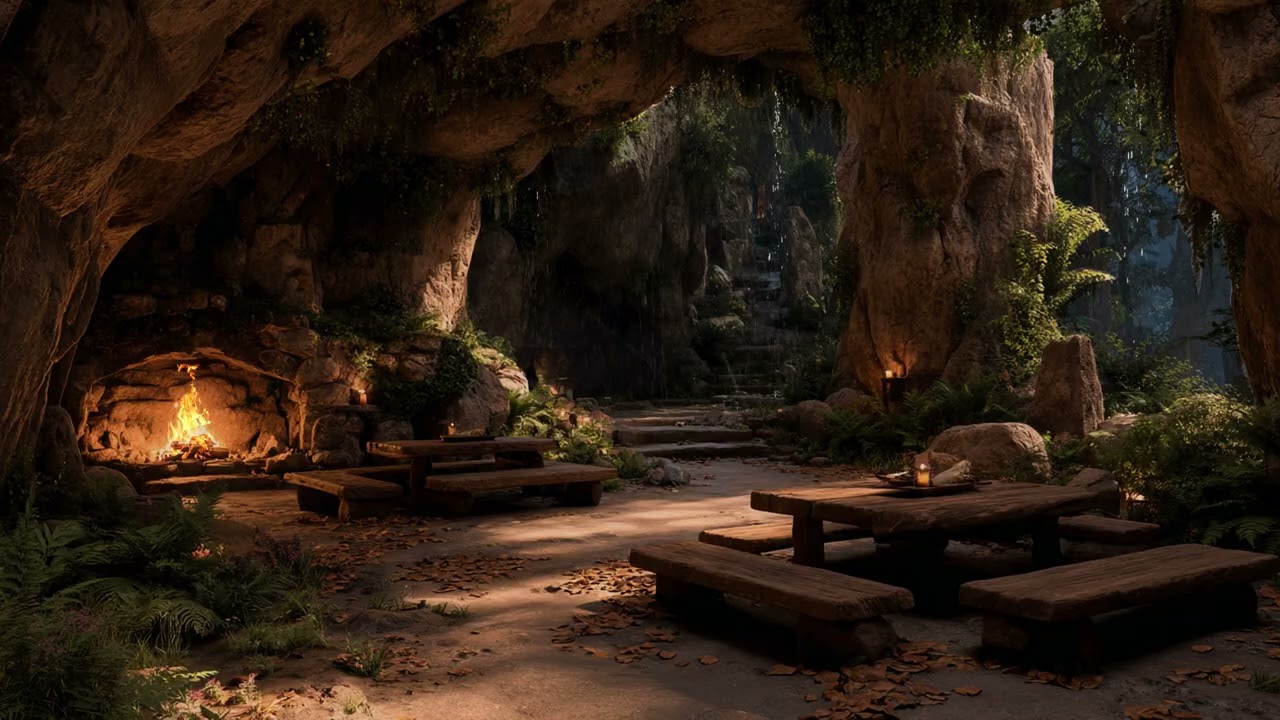 Wild Storm Rain Inside a Remote Forest Cave at Night | Heavy Rainfall, Distant Thunder & Firelight