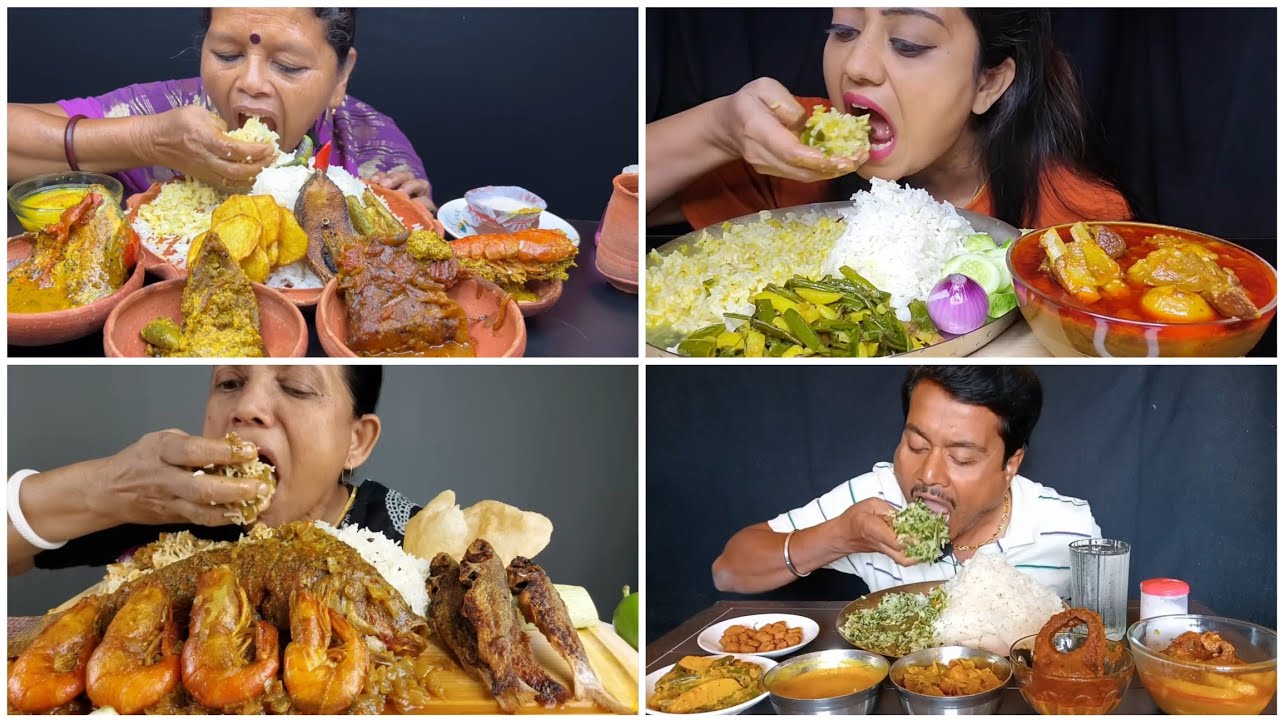 Asmr🔥Eating Malai Chingri🤤Sorse Illish, Katla Fish Jhal, Alu Makha, Begun Vaja & Dal with Rice🤤😋😋