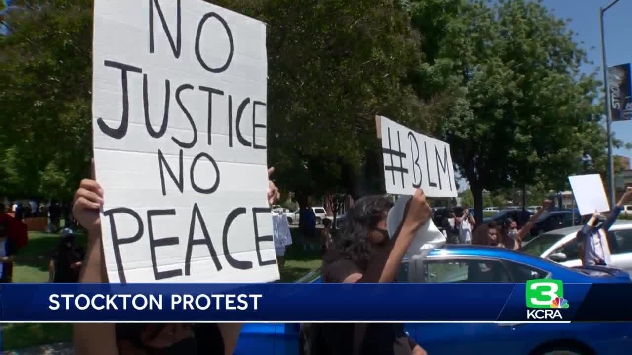 Demonstrators rally in front of Stockton PD during Floyd protest