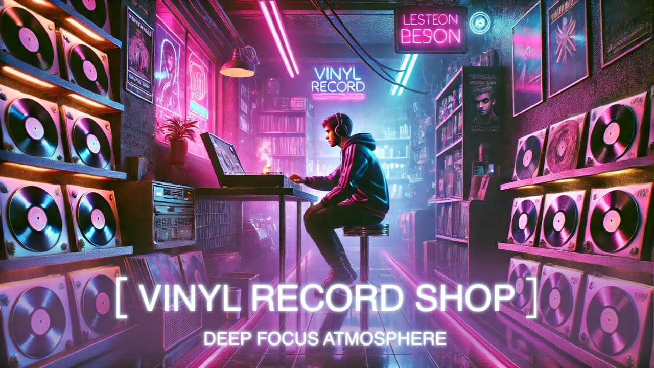 Deep Focus in a Vinyl Record Shop | Ambient Cyberpunk Music for Work & Study
