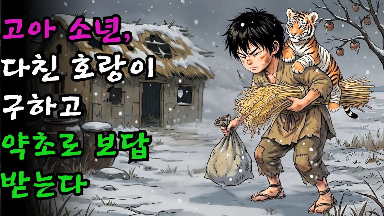 가난한 고아 소년은 눈보라 속에서 다친 호랑이 새끼를 업고 집으로 데려와 보살폈다.얼마 후, 호랑이는 귀한 약초들을 물어와 그의 선한 마음에 보답했다