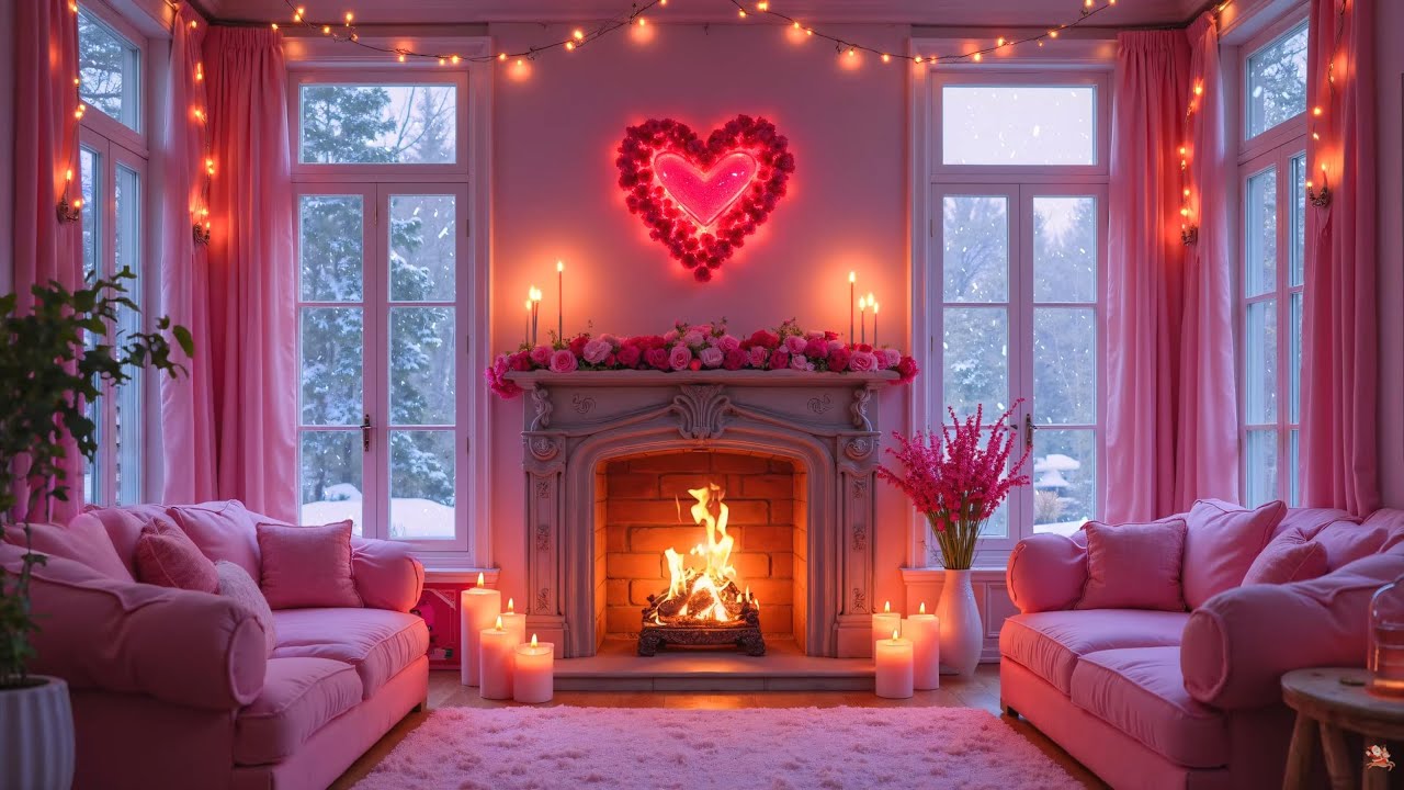 Valentine's Cabin Ambience ❤️ Beautiful Romantic Piano & Fireplace for Relaxing🌹Happy Valentine's