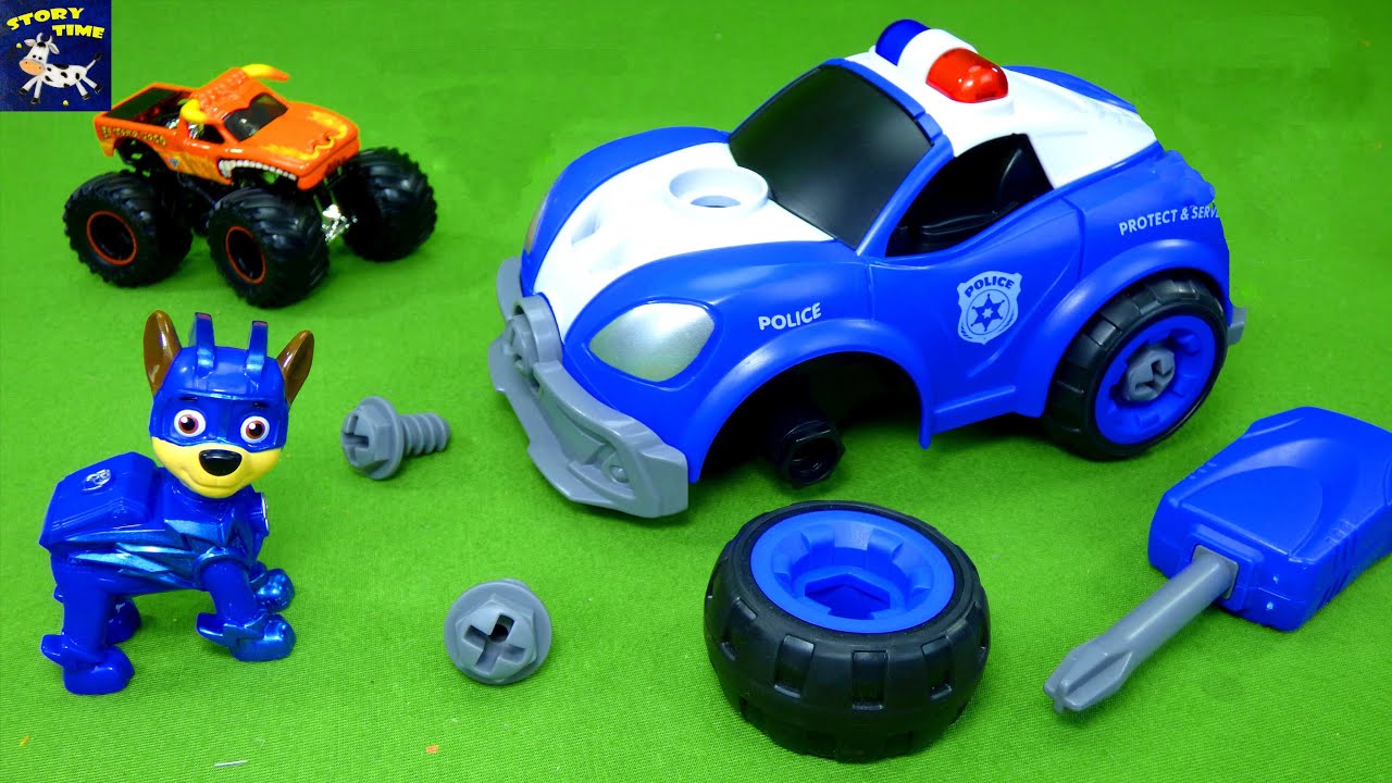 Paw Patrol Toy Stories for Kids Monster Jam Trucks Help Chase with Broken Police Cruiser RC Car Toys