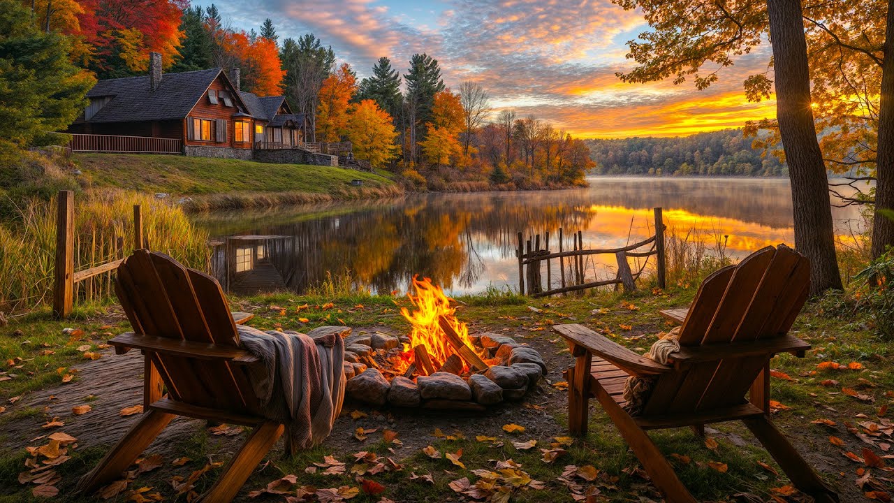 Early Autumn Morning Forest Ambience by the Lake 🌅🍁 Gentle Birdsong & Crackling Campfire for Relax