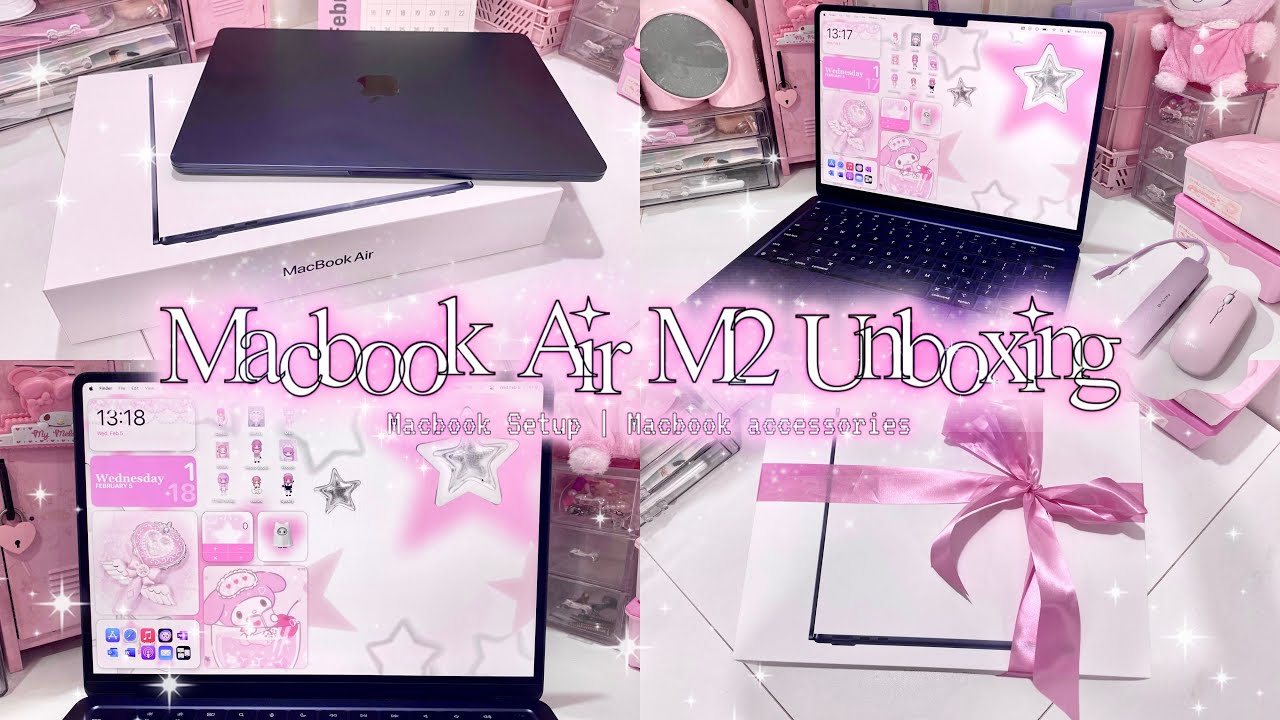  macbook air m2 midnight unboxing 💻 aesthetic pink set up, widgets, and unboxing accessories 🎀