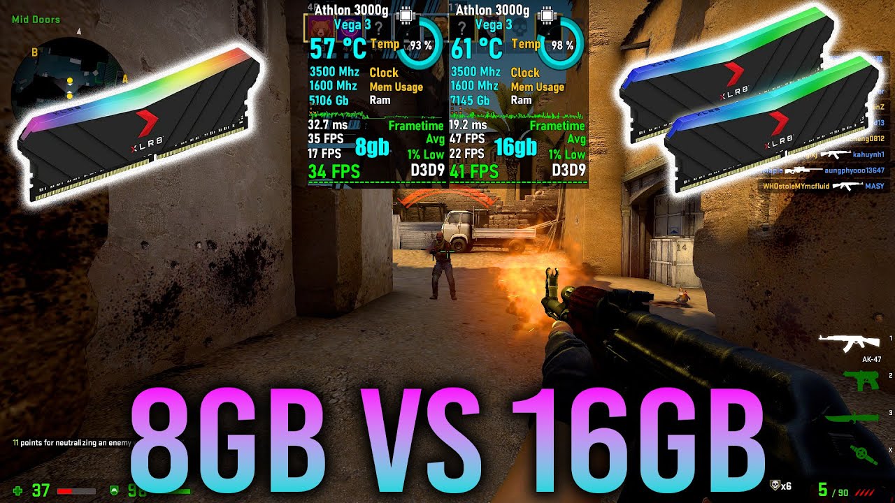 Athlon 3000g 8gb vs 16gb 3200mhz - CSGO 720p & 1080p Benchmark Test #athlon3000g