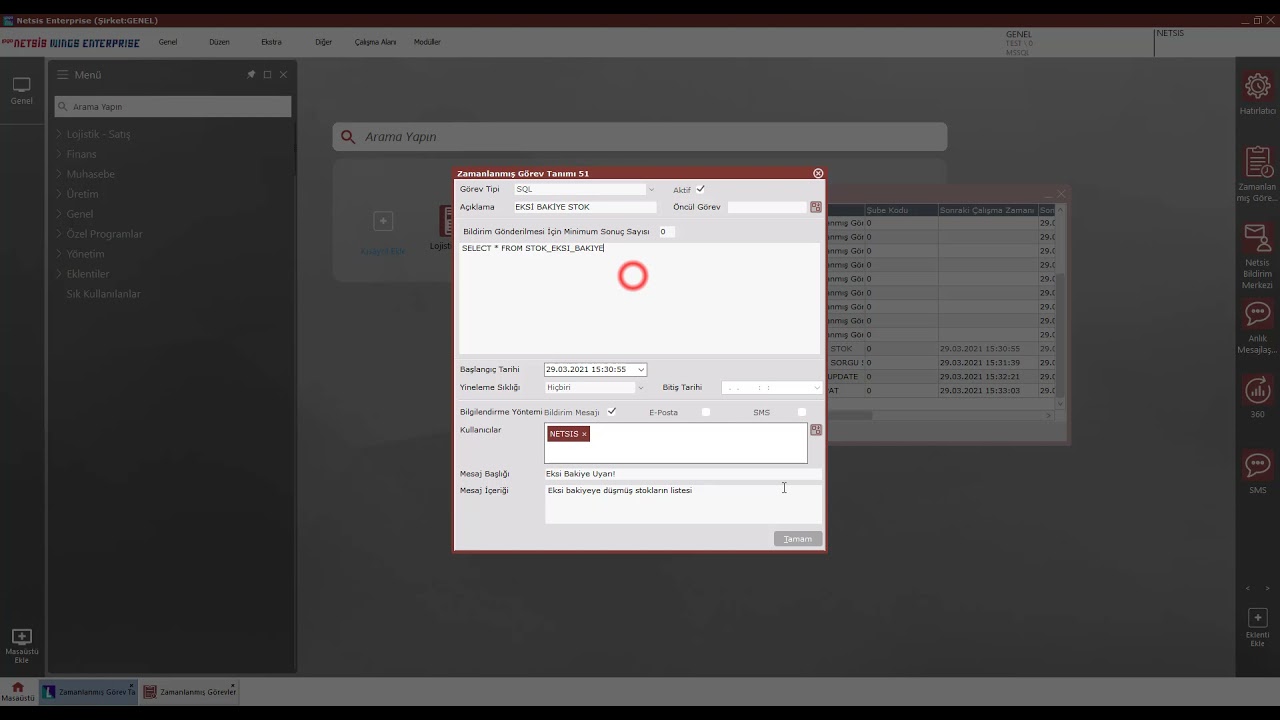 Netsis Zamanlanmış Görevler SQL Görev Tipi Desteği