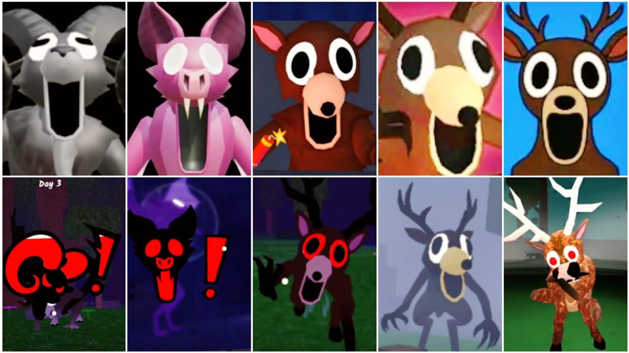 99 nights in the forest jumpscares l ram vs deer vs bat & more different versions horror games 