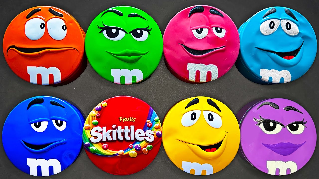 6 Minutes Satisfying with ASMR Unpacking Bright Tins with Rainbow Skittles and Tasty M&M'S Candy