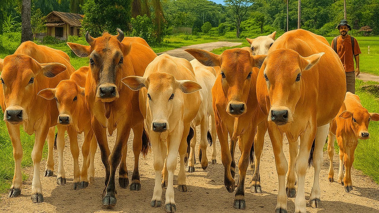 Puluhan sapi lembu jinak berkerumunan melewati jalan perdesaan, Suara Moo