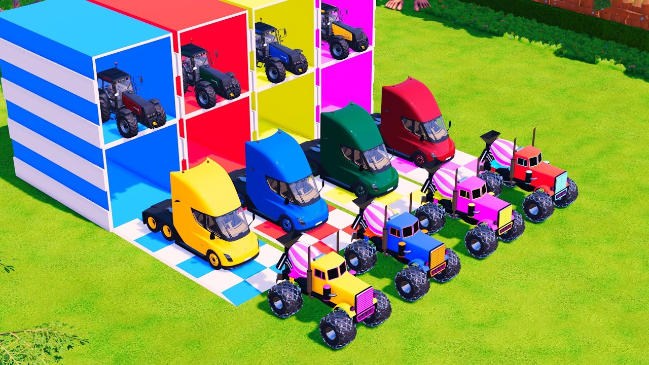 Transport with Colors - ALL MIXER TRUCK WITH DOUBLE FLATBED TRAILER TRUCK & TRACTOR! FS22 #114