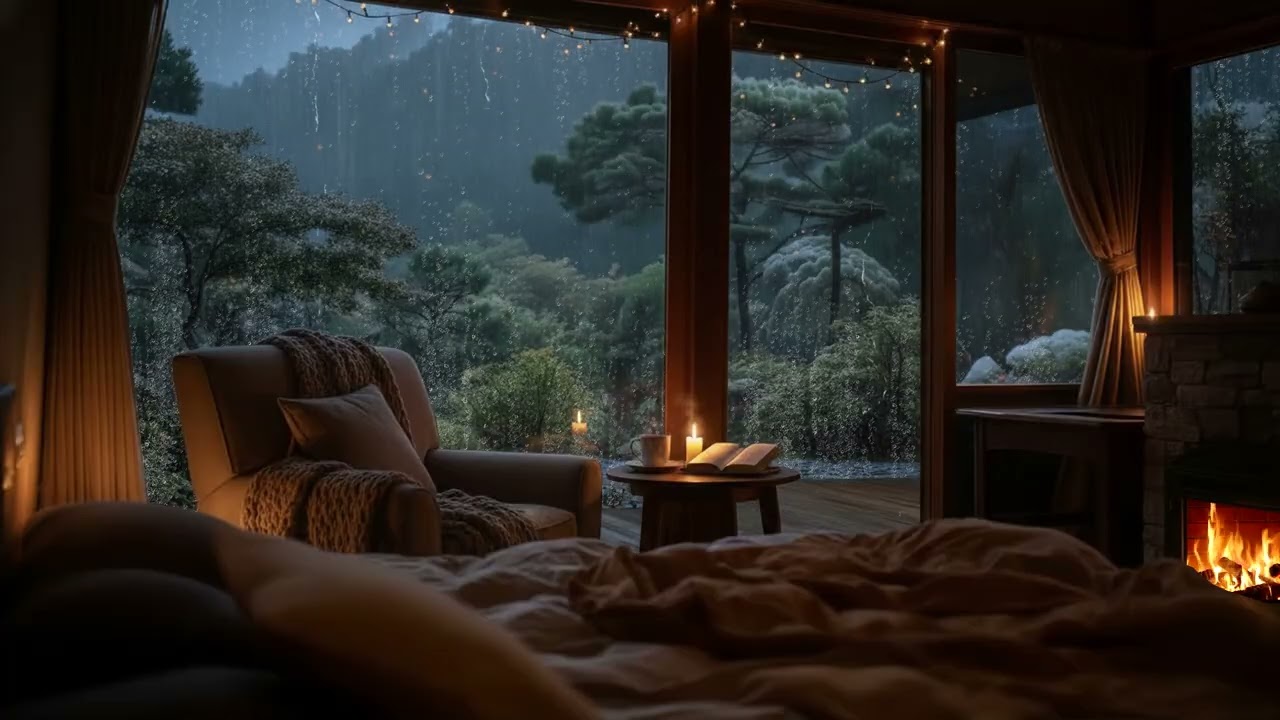 Heavy Rain at a Lush Mountain Cabin 🌧️ Warm Window Workspace for Sleep, Study & Relaxation