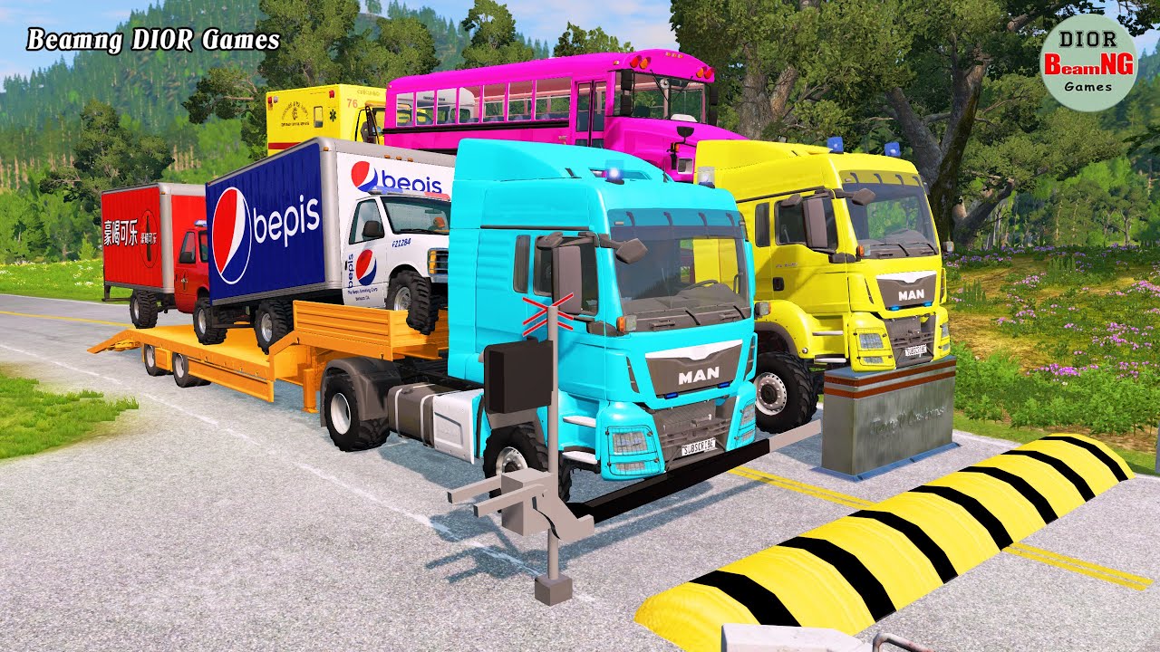 Double Flatbed Trailer Truck vs speed bumps|Busses vs speed bumps|Beamng Drive|1293
