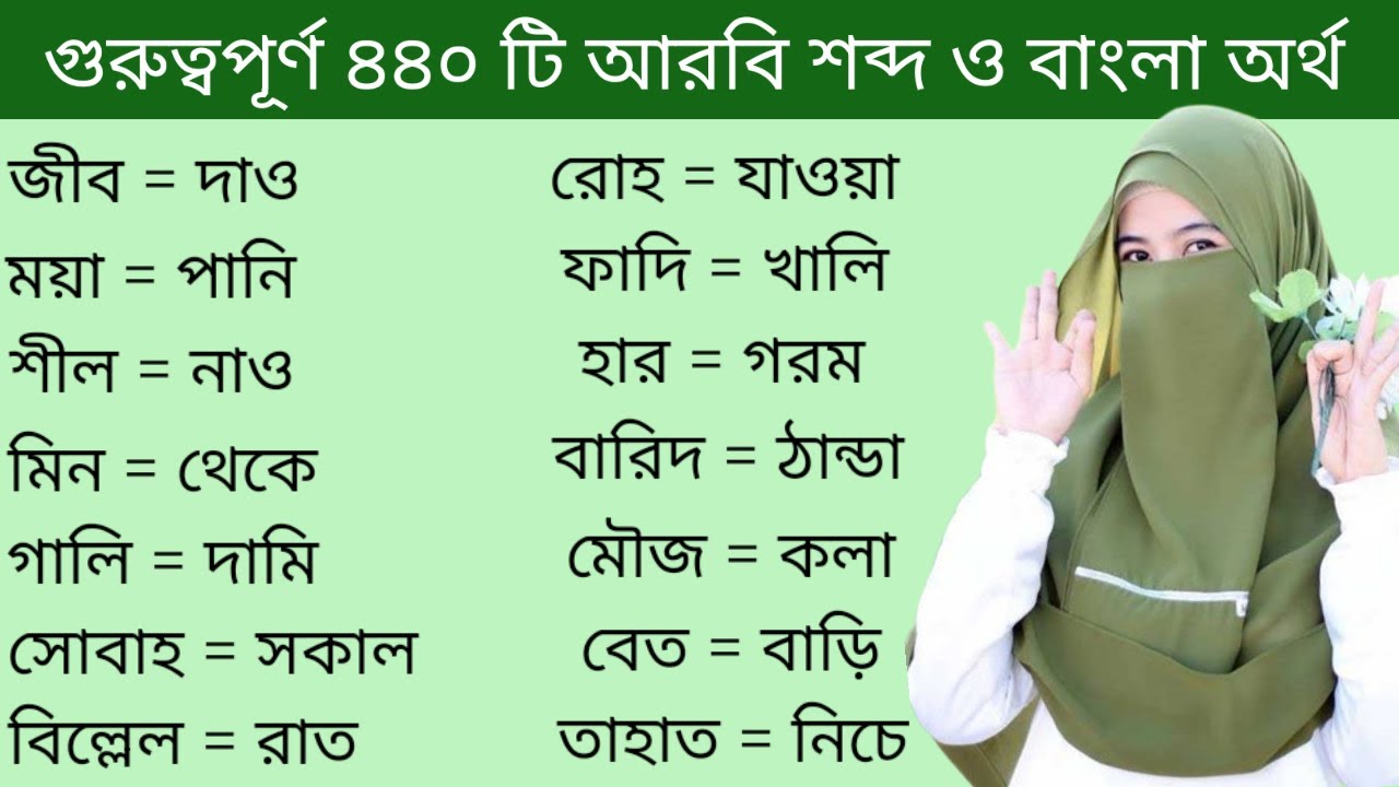 আরবি ভাষা শিক্ষা।। গুরুত্বপূর্ণ আরবি শব্দের অর্থ ও বাংলা অর্থ শিখুন সহজে