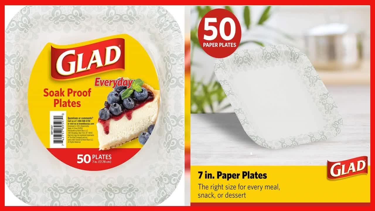 Glad Square Disposable Paper Plates with Gray Victorian Print|Soak Proof, Cut-Proof