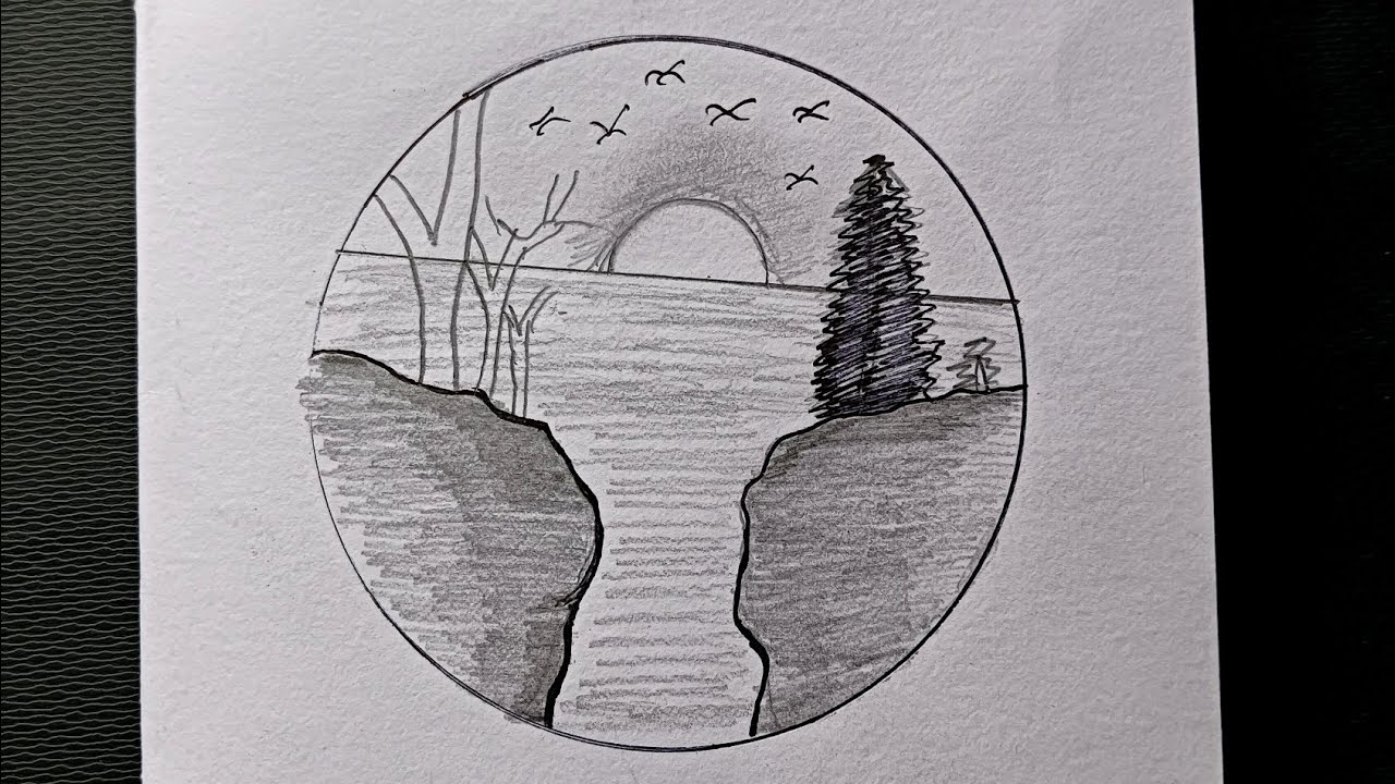 Easy circle scenery drawing | pencil drawing in circle easy step by step |