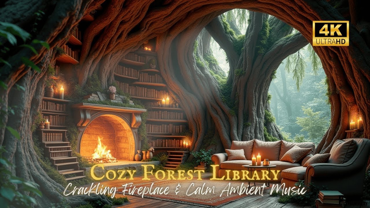 Magical Forest Library Ambience | Cozy Fireplace, Candlelight & Soothing Music for Relaxation