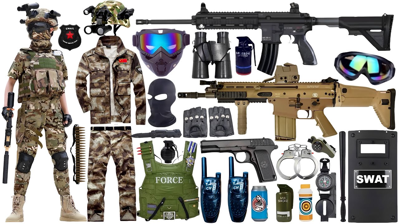 Special police weapon toy set unboxing, SCAR assault rifle, M416 rifle, helicopter, revolver, bomb