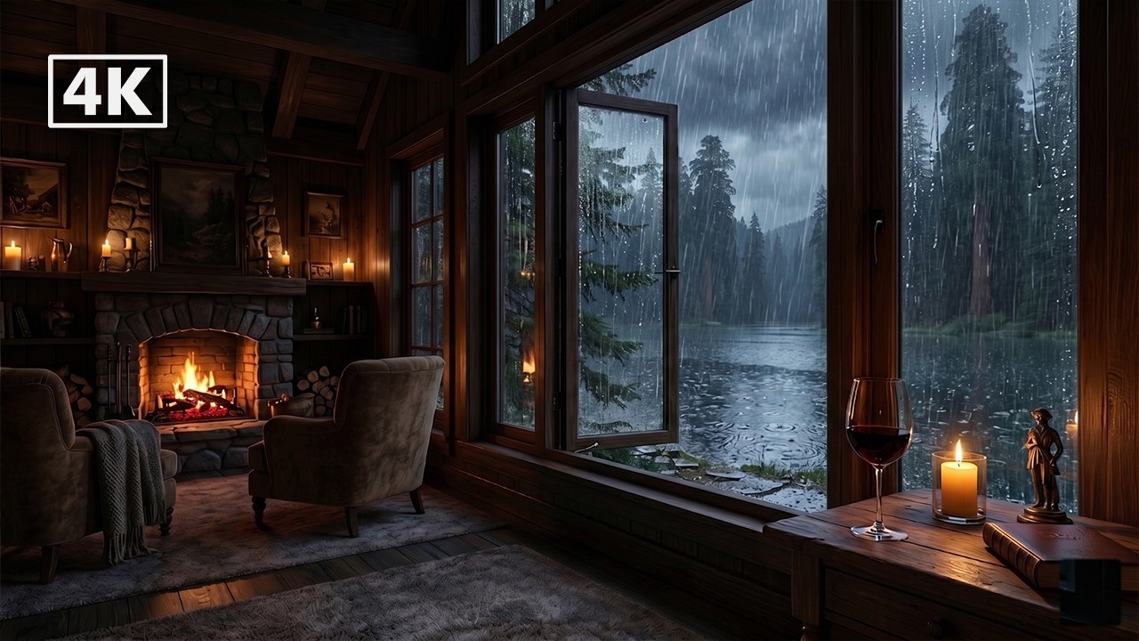 Escape to a Calm Lake Cabin 🌧️ Relaxing Rain & Cozy Fireplace Ambience