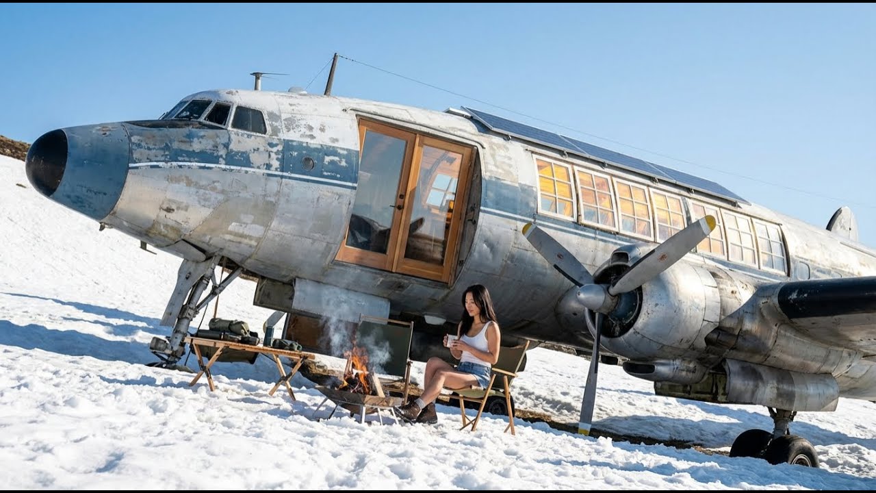 Building a Dream House Inside an Abandoned Lockheed Constellation Prop Plane on a Snowy Mountain