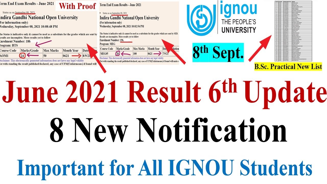 8 New Notification for IGNOU Students, June 2021 Exam Result 6th Update,,B.Sc Practical New List