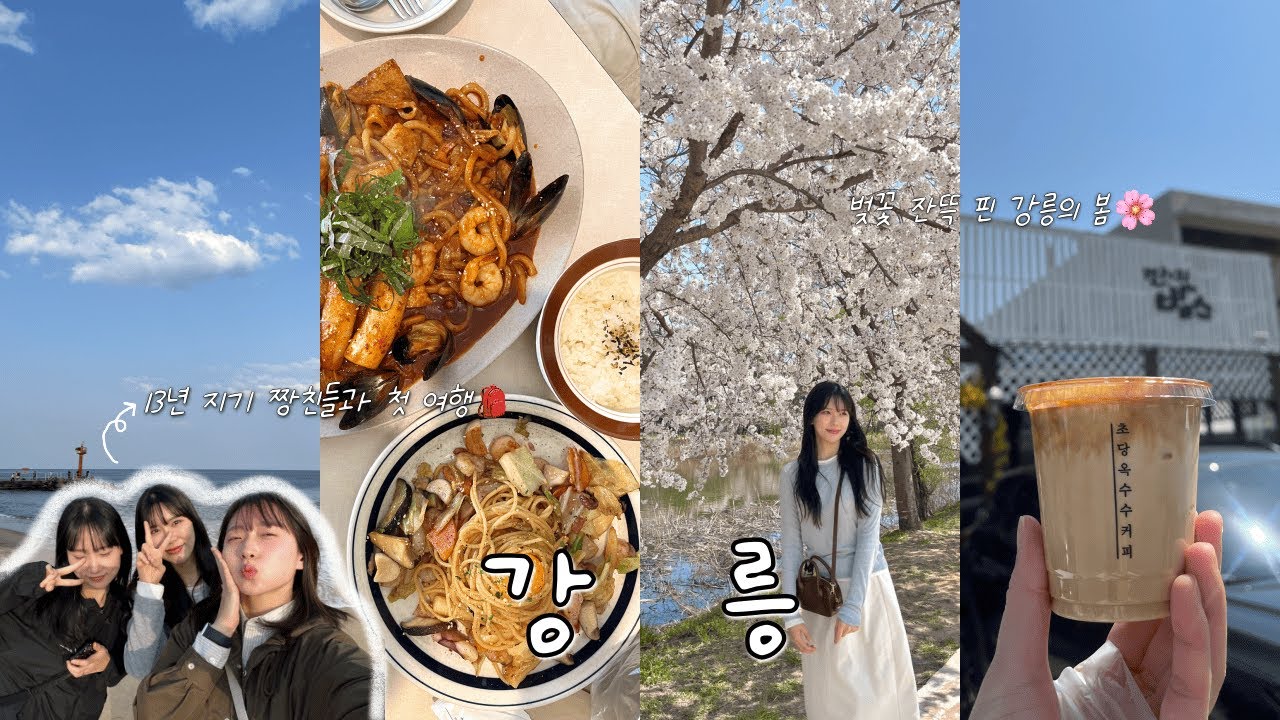 vlog | 13년지기 친구들과 강릉여행 1박2일🎒 | 해물떡찜, 감자크림탕수육, 치즈쫄면순두부, 옥수수커피, 감자아이스크림 | 강릉 벚꽃 원없이 즐기기🌸