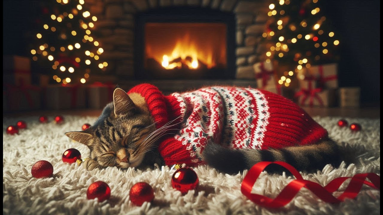 Cozy Christmas Ambience 🎄 Sleeping Tabby Cat in Red Sweater | Crackling Fireplace (3 Hours)