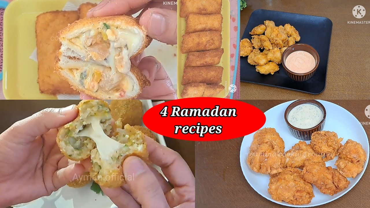 4 Ramadan recipes /cheesy chicken bread rolls/chicken popcorn/cheesy potatoes balls fried chicken 