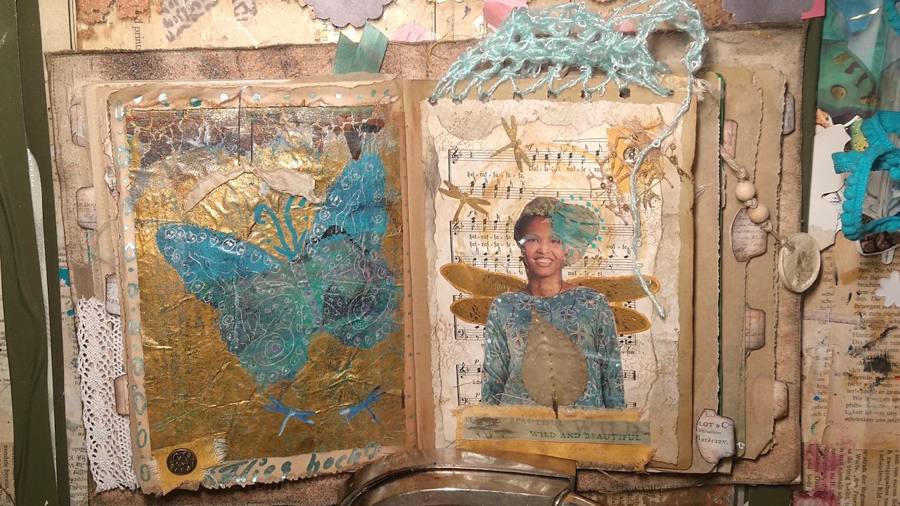 6.0 Wanderjournal Imke Collage Gelliprint Butterfly Fairy Music Paper Grungy Coffeestain  Dragonfly