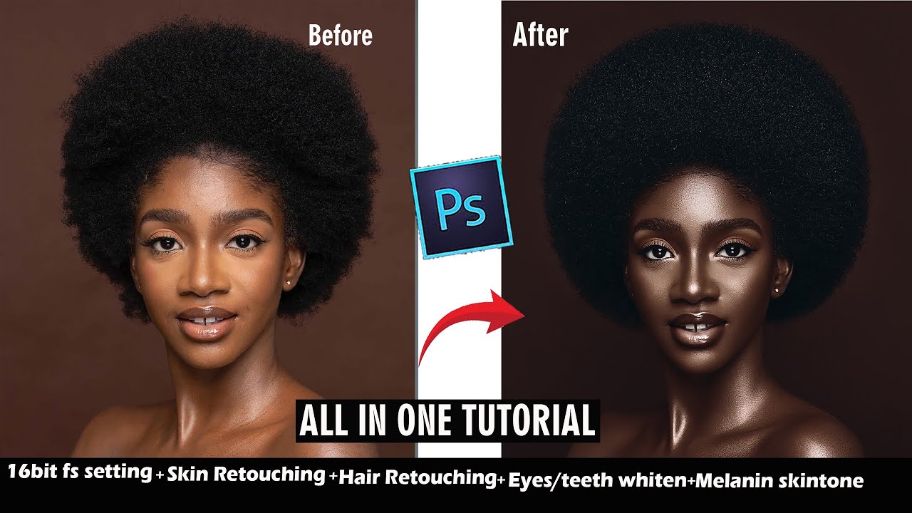 All in One Photoshop Retouching Tutorial | 16-Bit Frequency Separation, Afro Hair, Skin & Makeup |