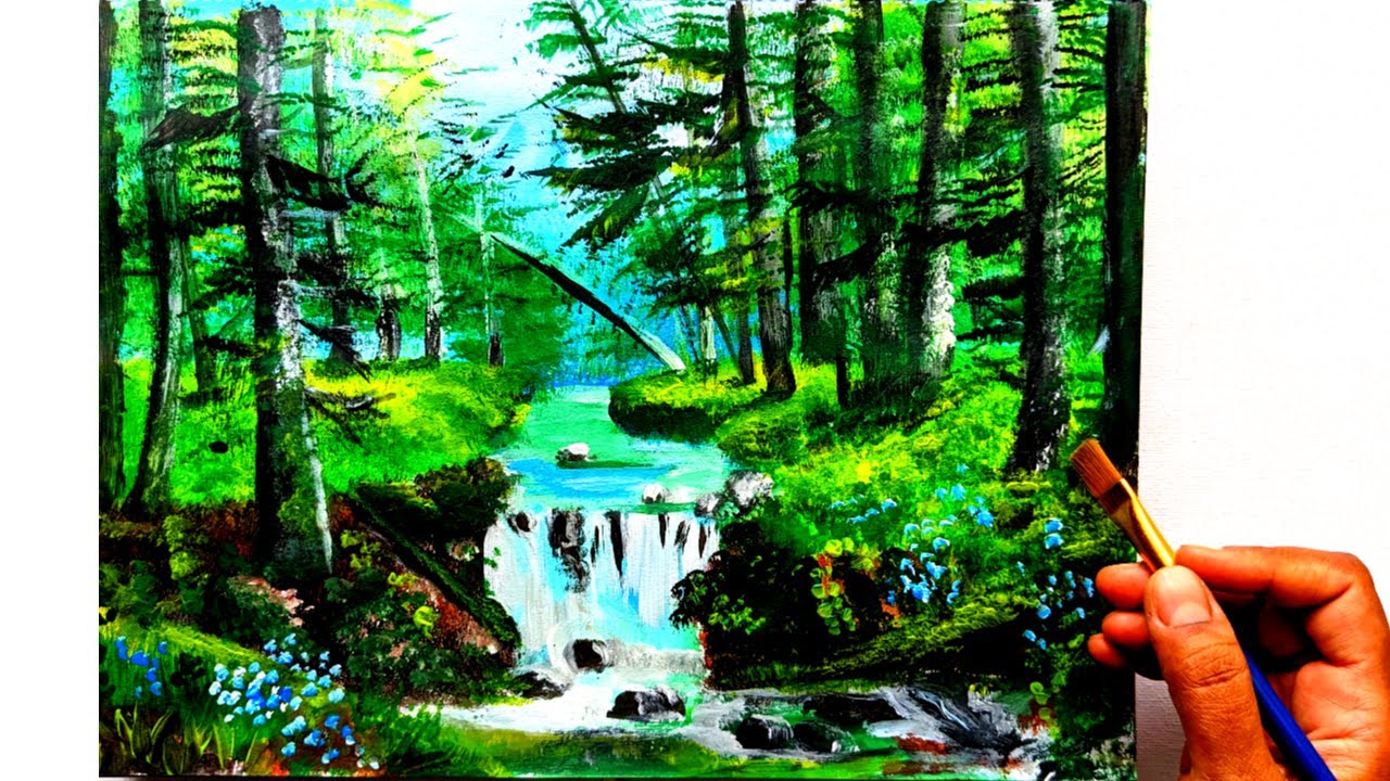 Tropical forest waterfall | Acrylic Landscape Painting for beginners