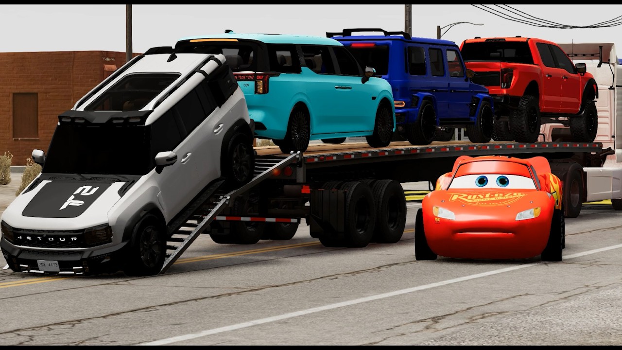 Flatbed Truck Mcqueen | Transportation with Truck - Pothole vs Car #40- BeamNG.Drive