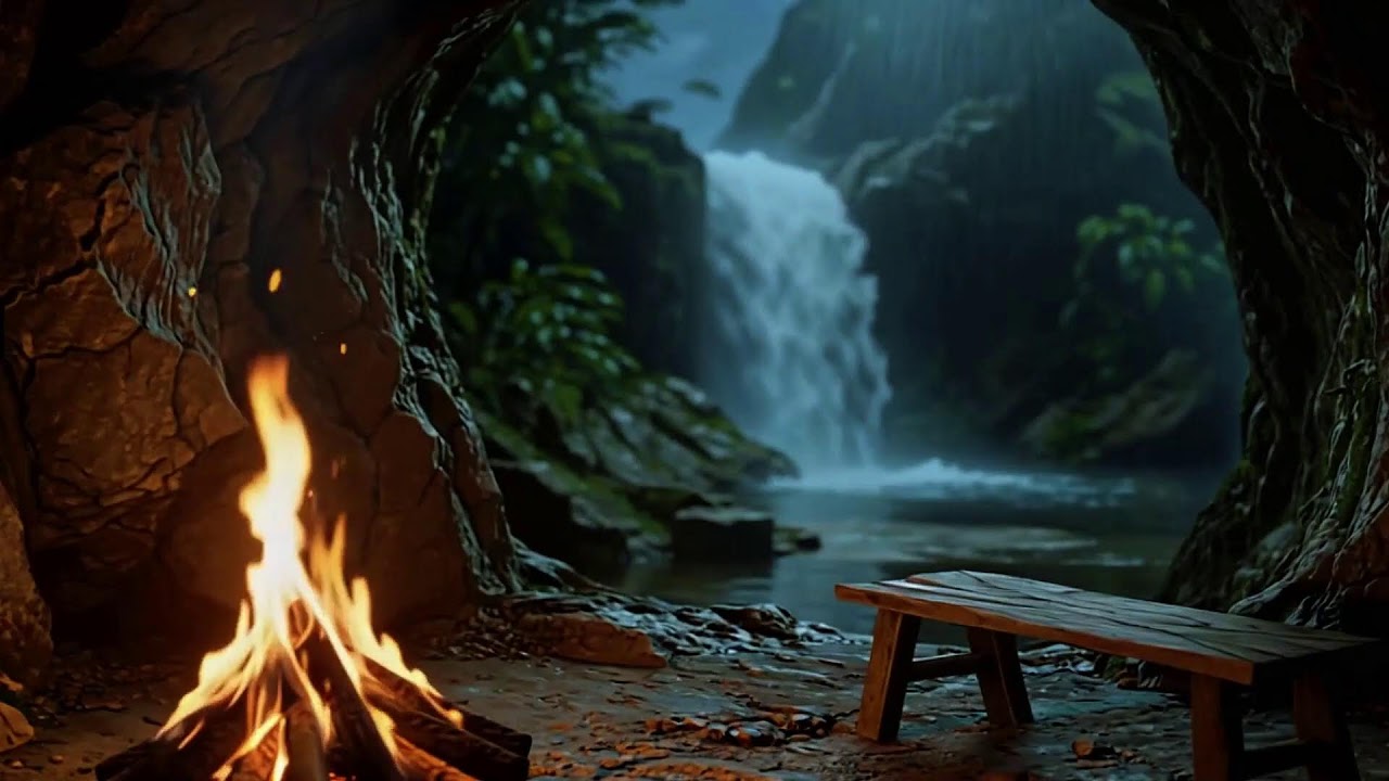 Gentle Fireplace &  Waterfall  Sounds with  Birds  | Cozy Hearth ASMR |  Focus & Relaxation