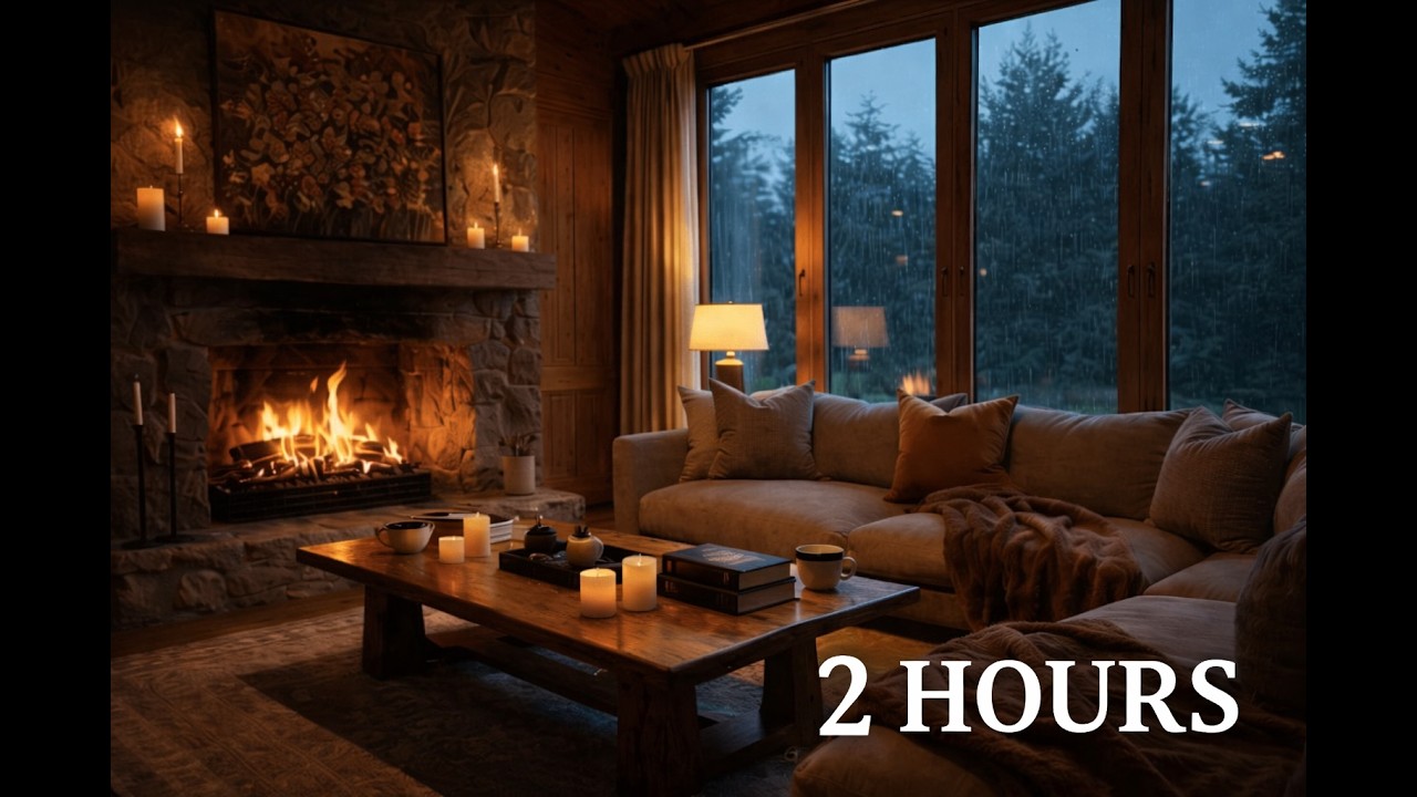 🔥 Cozy Fireplace & Rain Ambience 🌧️ | Warm Cabin Night | HD HQ Relaxing 2 HOURS